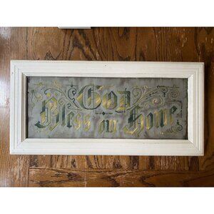Vintage Framed Needlepoint "God Bless Our Home" Rustic Wall Art